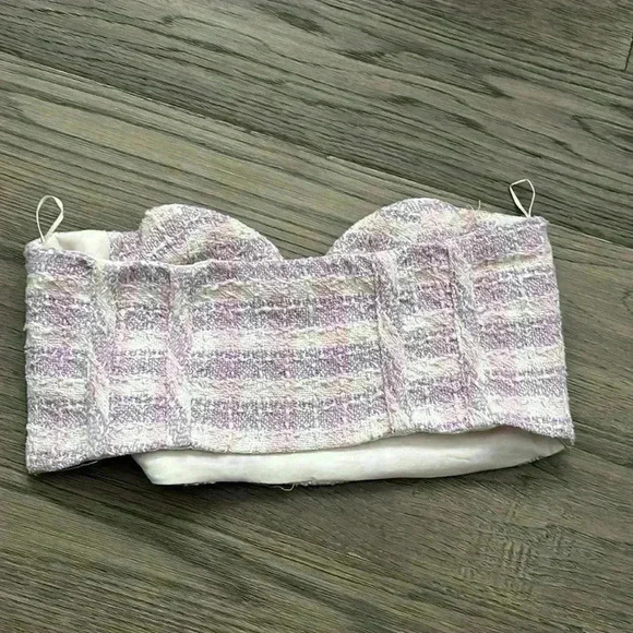 ✨🆕Zara🆕✨ | Purple, pink and white mini gingham checkered tweed tube top - Picture 10 of 12